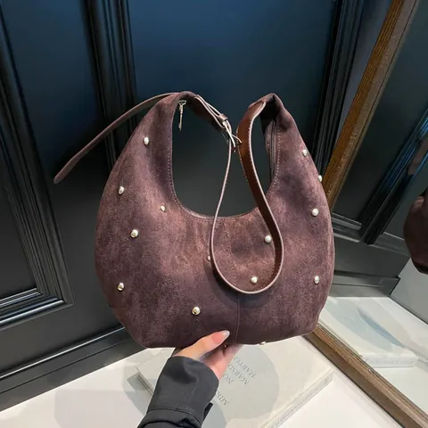 Women Vintage Suede Crescent Hobo Bag Luxury Rhinestone Studded Shoulder Bag Retro Single Strap Crossbody Underarm Bag