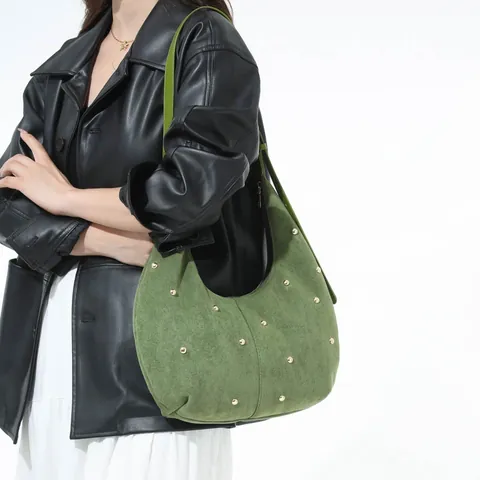 Women Vintage Suede Crescent Hobo Bag Luxury Rhinestone Studded Shoulder Bag Retro Single Strap Crossbody Underarm Bag