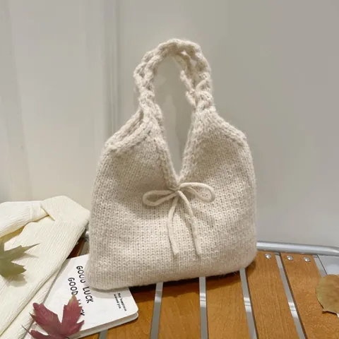 Women's Knitted Tote Bag With Bow Vintage Soft Knit Handbag Casual Solid Color Shoulder Bag For Autumn Daily Use Fashion Bags