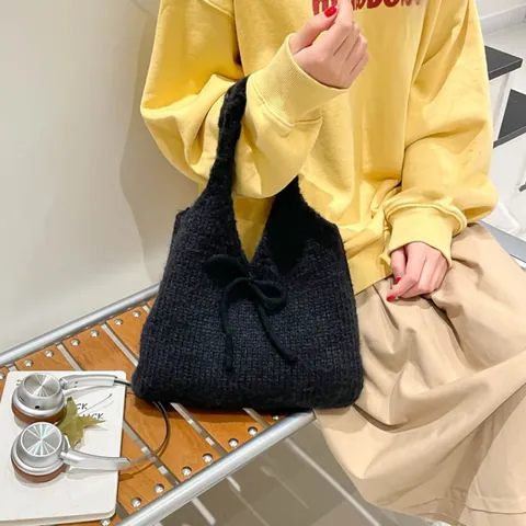 Women's Knitted Tote Bag With Bow Vintage Soft Knit Handbag Casual Solid Color Shoulder Bag For Autumn Daily Use Fashion Bags