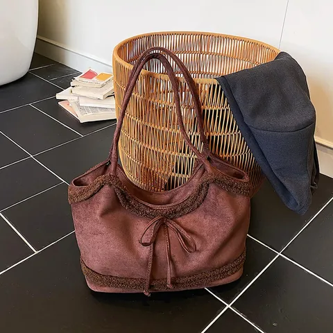 Damen Vintage Wildleder Tragetasche Große Kapazität Schultertasche Mit Sherpa Plüschbesatz Schleife Dekor Casual College Stil Handtasche