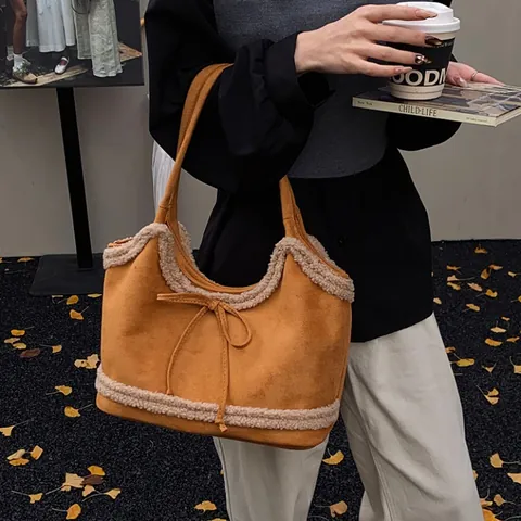 Damen Vintage Wildleder Tragetasche Große Kapazität Schultertasche Mit Sherpa Plüschbesatz Schleife Dekor Casual College Stil Handtasche
