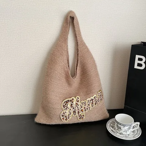 Bolso Tote de Moda de Punto para Mujer Con Parche de Letras Mama Leopardo Gran Capacidad Peluche Bolso de Hombro Casual Para Diario