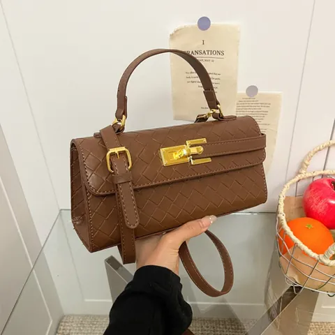 Woven Texture PU Leather Shoulder Bag For Women Vintage Crossbody Handbag With Golden Lock Top Handle Commuter Purse