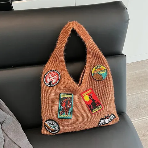 Women Retro Cryptid Embroidered Knit Tote Bag Large Capacity Shoulder Handbag With Sasquatch Mothman Jackalope Patches