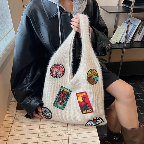 Women Retro Cryptid Embroidered Knit Tote Bag Large Capacity Shoulder Handbag With Sasquatch Mothman Jackalope Patches