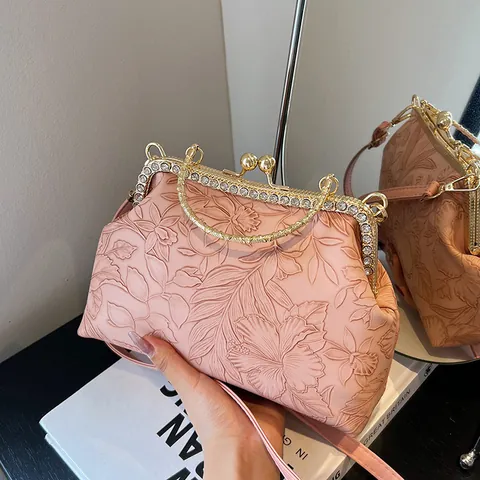 Vintage Floral Embossed PU Leather Handbag Rhinestone Metal Frame Kiss-Lock Crossbody Bag For Women Fashion Top Handle Bag