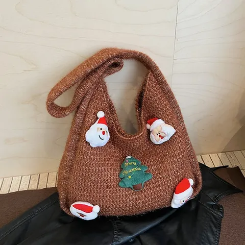 Damen Retro Strick Unterarmtasche Mit Weihnachten Weihnachtsmann Und Baum Patchwork Süße Festliche Häkel Schulterhandtasche Geschenk