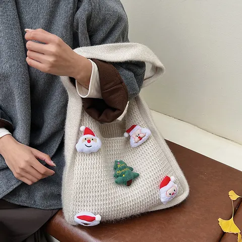 Damen Retro Strick Unterarmtasche Mit Weihnachten Weihnachtsmann Und Baum Patchwork Süße Festliche Häkel Schulterhandtasche Geschenk