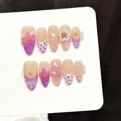 Faux Ongles Faits Main Dégradé Rose Violet 3D Floral Forme Amande Ongles Avec Perles Paillettes Femme Accessoire Beauté