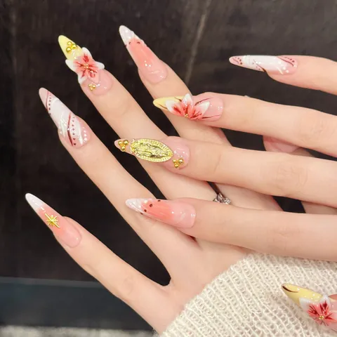Handmade Pink Gradient Long Stiletto Press On Nails With Gold 3D Relief Saint Mary Floral Vintage Gorgeous False Nails