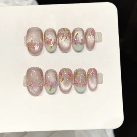 Handgefertigte Kirschblüten Aufpressnägel Rosa Katzenauge French Style Ovale Künstliche Nagelspitzen Für Damen Elegante Frühlings Nagelkunst