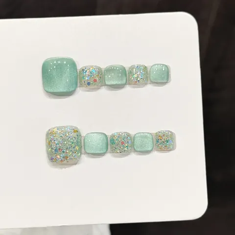 Lime Green Cat Eye Press On Toe Nails Set Gradient Silver Glitter Rhinestone Bow Design Foot Beauty Tips For Women