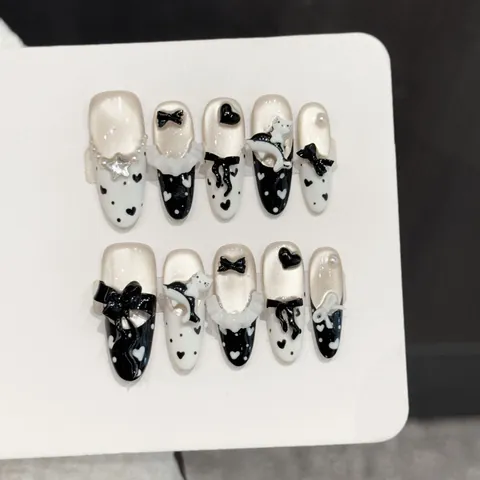 Handmade Press On Nails Black White Contrast Cat French Heart Polka Dot Long Oval Sweet Cool Lolita Fake Nails Decoration