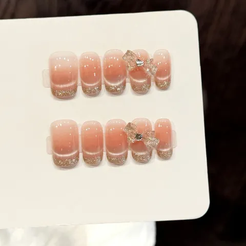 Handmade Press On Nails French Pink Gradient Cat Eye Effect With Gold Glitter 3D Bow Rhinestones Manicure Set For Women
