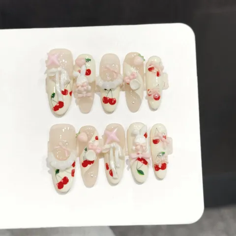Handgefertigte Künstliche Nägel 3D Hasen Kirsch Schleife Dekor Lange Mandelform Süßer Japanischer Stil Wiederverwendbar Damen