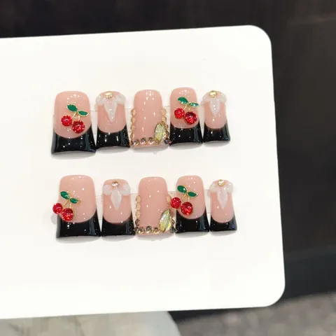 Handmade Black French Tip Duck Press On Nails Sweet Cool Cherry 3D Flower Rhinestone Long Square Fake Nails Women Manicure