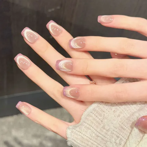 Handmade Cat Eye Press On Nails Pink Purple Glitter French Style Shimmering Magnetic False Nails For Women Daily Nail Art
