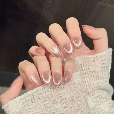 Handmade Cat Eye Press On Nails Pink Purple Glitter French Style Shimmering Magnetic False Nails For Women Daily Nail Art