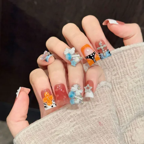 Unghie Finte 3D Fatte a Mano Sfumate Arancione Rosa Blu Nero Motivo Zebra Fiocco Lecca Lecca Croce Decorazione per Donne Festa
