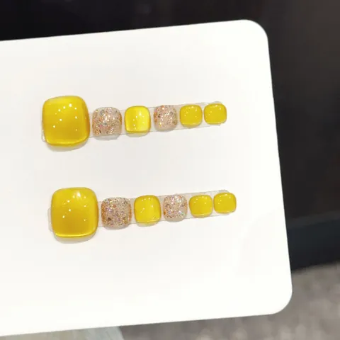 Yellow Gradient Cat Eye Press On Toenails For Women Summer Glitter Square Flat False Nails Full Cover Toe Nail Patch
