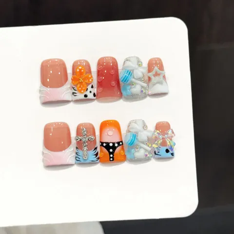 Unghie Finte 3D Fatte a Mano Sfumate Arancione Rosa Blu Nero Motivo Zebra Fiocco Lecca Lecca Croce Decorazione per Donne Festa
