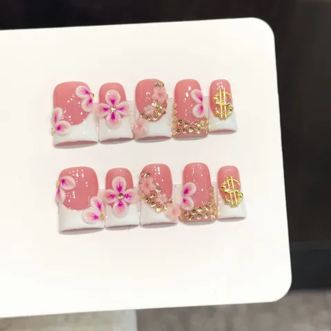 Unghie Finte a Pressione Artigianali Rosa Fiori Segno Dollaro Oro Strass Becco d'Anatra Lusso Dolce Cool Moda Donna