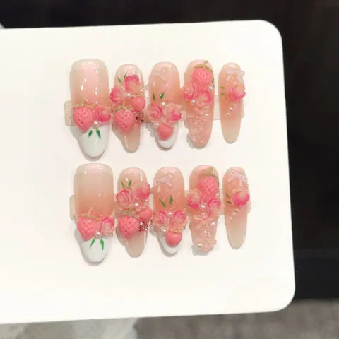 Unghie Finte Fatte a Mano Design 3D Rosa Fragola Fiocco Sfumatura Rosa Punte Francesi Mandorla Lunga Unghie Dolci