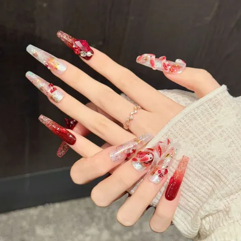 Handgefertigte Künstliche Nägel Rot Rosa Farbverlauf 3D Rose Schlangenmuster Lange Sargform Luxus Falsche Nägel Mit Strass Künstliche Perle