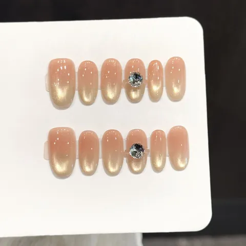 Handmade Gradient Cat Eye Press On Nails With Rhinestone Short Oval Nude Pink Champagne Gold Fake Nails For Women Daily Wedding