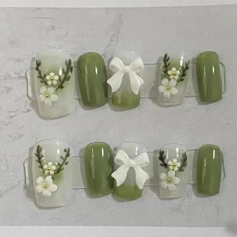 Handmade Press On Nails Matcha Green Cream White Bowknot Floral French Square Oval Detachable Fake Nails Women