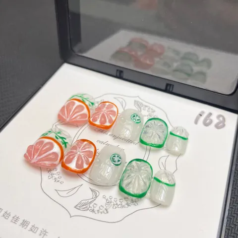 Uñas Postizas a Presión 3D Frutas Limón Hechas a Mano Estilo Verano Refrescante Impermeables Larga Duración Manicura Efecto Gelatina