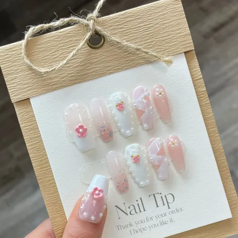 Handgefertigt Rosa Kirschblüte Aufdrücknägel Sargform Lange Künstliche Nägel Perle Strass 3D Blume Design Elegant Maniküre