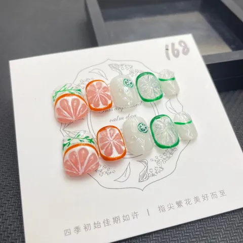 Uñas Postizas a Presión 3D Frutas Limón Hechas a Mano Estilo Verano Refrescante Impermeables Larga Duración Manicura Efecto Gelatina