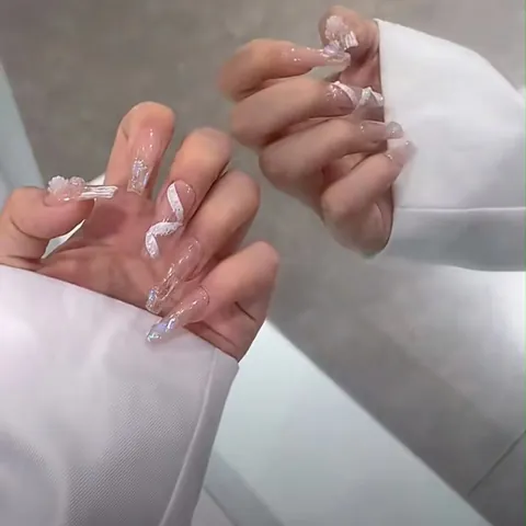 Handgefertigte Lange Sargform Nägel Zum Aufdrücken Gel Marmormuster 3D-Wellendesign Wiederverwendbare Künstliche Nägel Damen