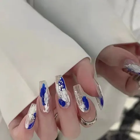 Handmade Abstract Blue White Press On Nails Long Coffin Fake Nails With Silver Foil Decorative Reusable Art Nails For Women