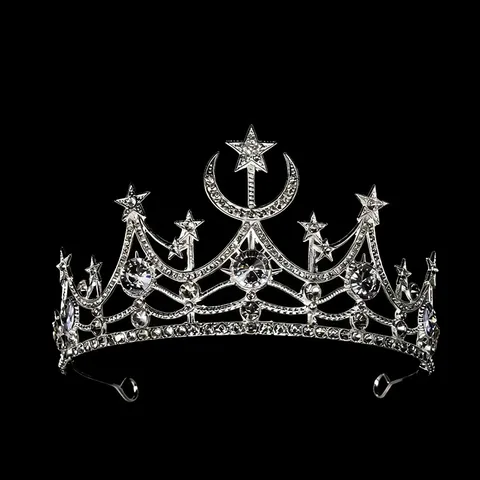 Retro Baroque Alloy Rhinestone Moon Star Crown Tiara For Women Wedding Pageant Birthday Princess Hair Accessories Headpiece