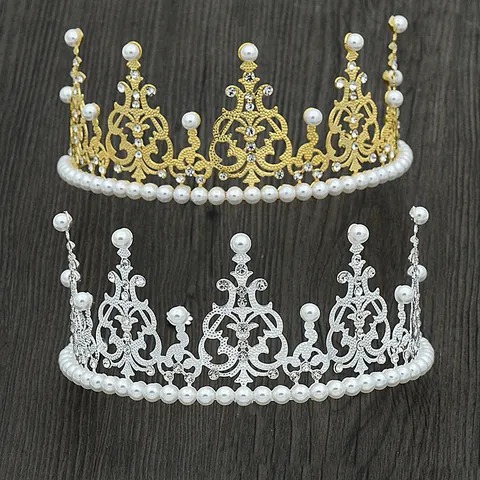 Baroque Gold Silver Iron Crown Cake Topper With Imitation Pearls Rhinestones Birthday Wedding Party Decor Hair Accessories