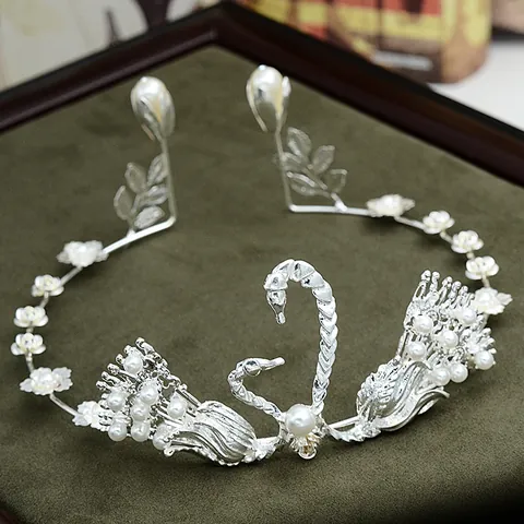 Swan Heart Shape Cake Topper Crown Alloy Faux Pearl Birthday Wedding Headpiece Tiara Decoration For Party Women Girls
