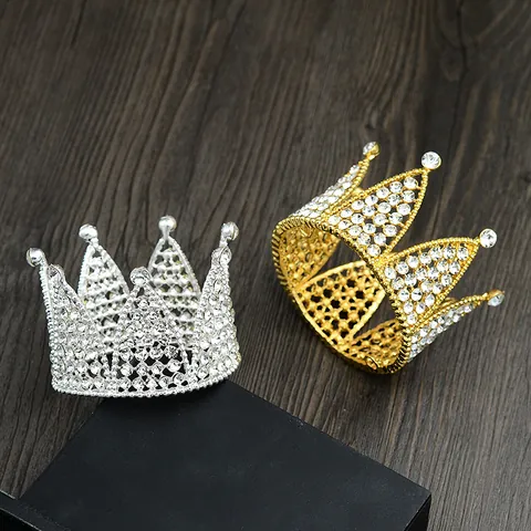 Luxury Mini Rhinestone Crown Cake Topper Alloy Tiara Decoration For Birthday Wedding Party Kids Hair Accessory Gold Silver