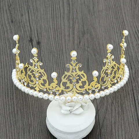 Baroque Gold Silver Iron Crown Cake Topper With Imitation Pearls Rhinestones Birthday Wedding Party Decor Hair Accessories