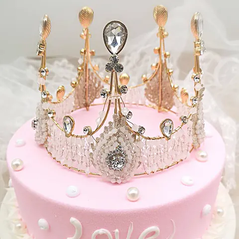Tiara per Torta a Corona in Pizzo Oro Vintage Matrimonio Sposa Con Strass Künstliche Perle Finte Copricapo da Regina Fatto a Mano Per Decorazione di Festa di Compleanno