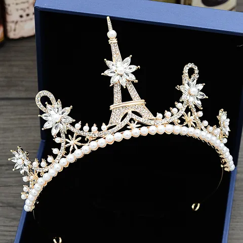 Gold Eiffel Tower Bridal Crown Tiara With Rhinestones And Artificial Pearls For Wedding Banquet Party Princess Hair Accessories Women