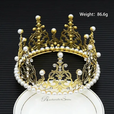 Elegant Full Round Crown Tiara Alloy Iron Faux Artificial Pearls Rhinestones Cake Topper Wedding Birthday Party Hair Accessories