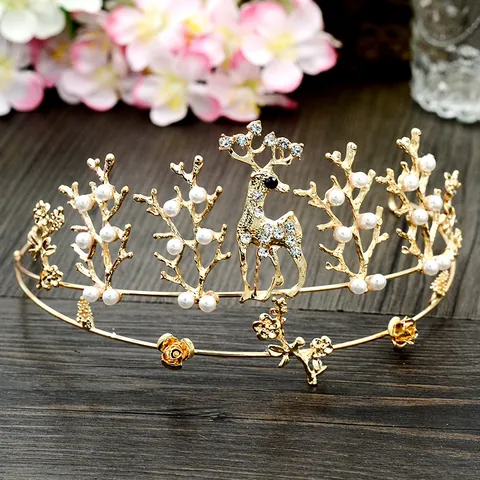 Corona in Lega d'Oro con Corna di Cervo con Strass e Künstliche Perle Sintetiche Stile Foresta Tiara per Matrimonio Compleanno Festa per Donna Ragazza