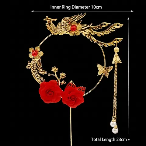 Décoration de Gâteau Phénix et Rose Style Chinois Or Métal Gland Couronne pour Anniversaire Mariage Fête Vintage