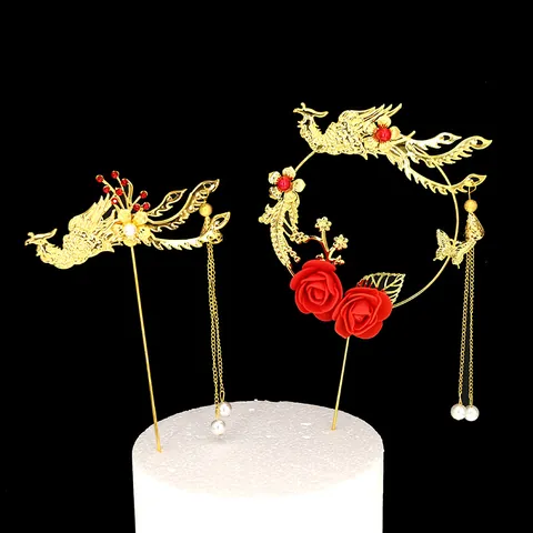 Décoration de Gâteau Phénix et Rose Style Chinois Or Métal Gland Couronne pour Anniversaire Mariage Fête Vintage