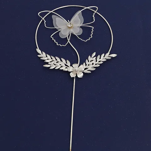 Iron Butterfly Cake Topper Gauze Flower Rhinestone Pearl Round Cake Decoration For Birthday Wedding Party Baking Accessory