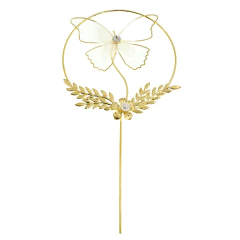 Iron Butterfly Cake Topper Gauze Flower Rhinestone Pearl Round Cake Decoration For Birthday Wedding Party Baking Accessory