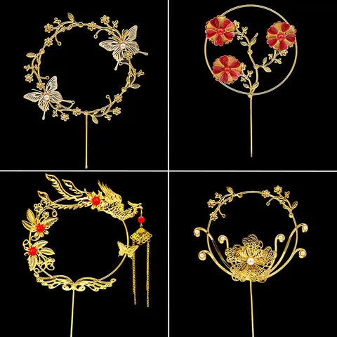 Chinese Vintage Style Gold Metal Cake Topper Phoenix Butterfly Floral Design For Birthday Wedding Cake Decoration